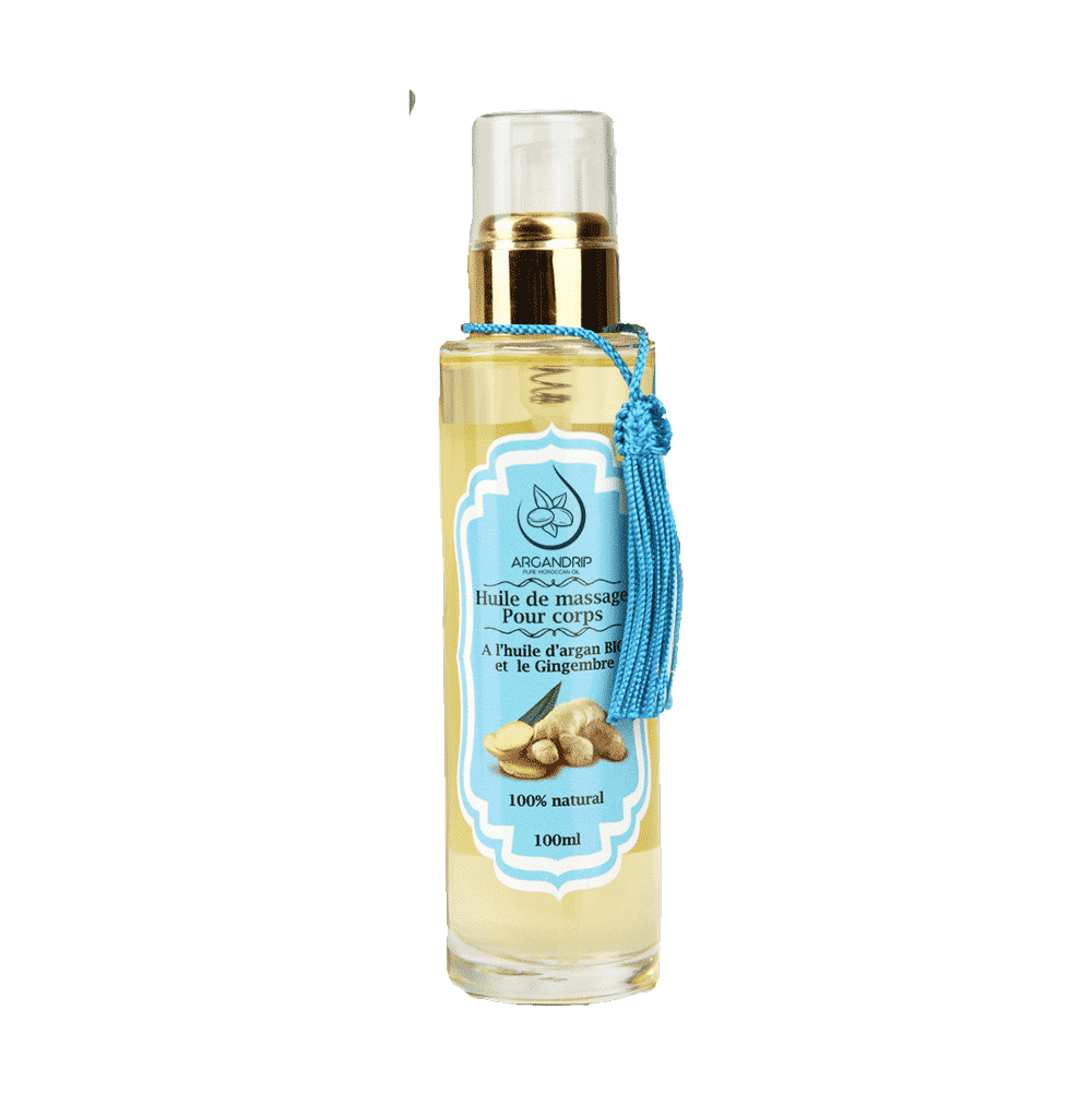 Huile de Massage Bio à l’Argan et au Gingembre – Tonus & Détente Musculaire | ArganDrip