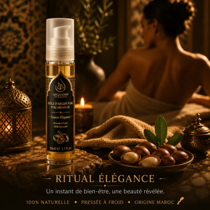 Huile d’Argan Pure Flacon Laura Source Élégance ArganDrip — ambiance luxe naturel marocain