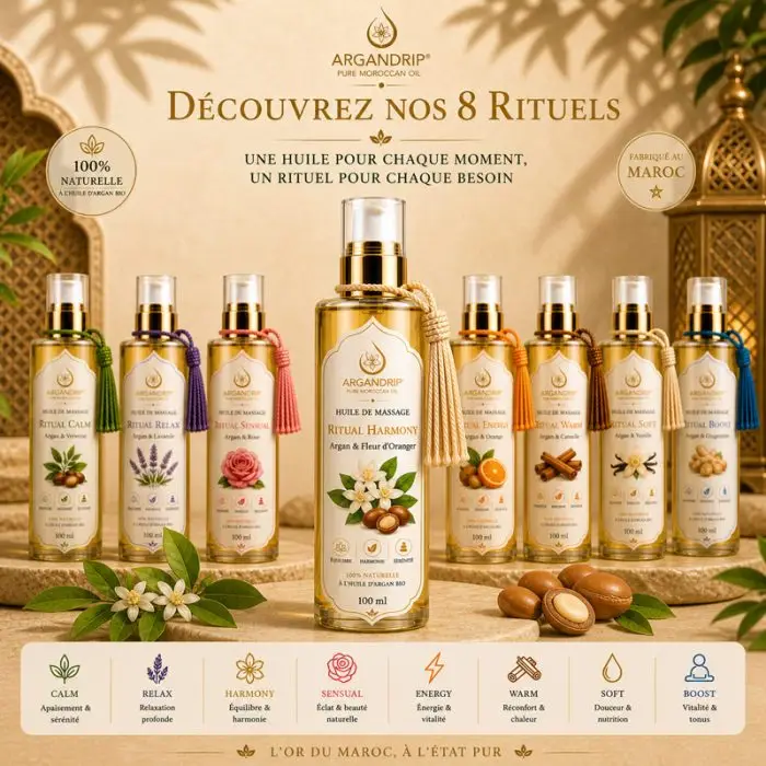 Gamme huiles massage ArganDrip rituels bien-être fleur d’oranger