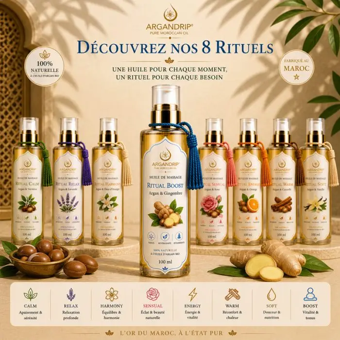 Gamme huiles massage ArganDrip rituels bien-être gingembre Maroc