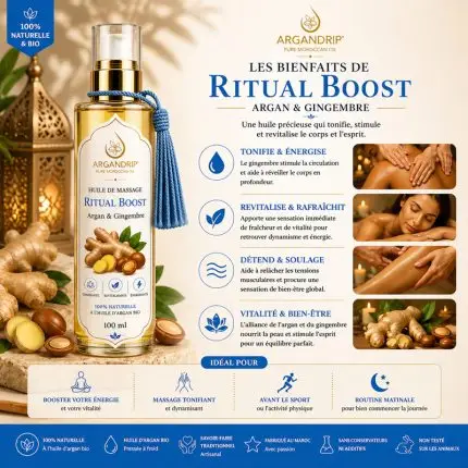 Bienfaits huile de massage ArganDrip Ritual Boost énergie stimulation gingembre