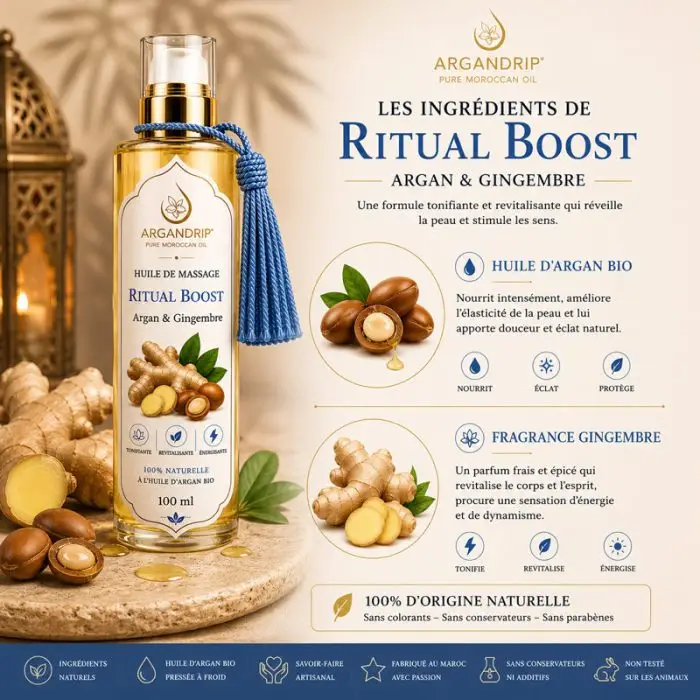 Huile argan et gingembre ingrédients naturels ArganDrip Ritual Boost