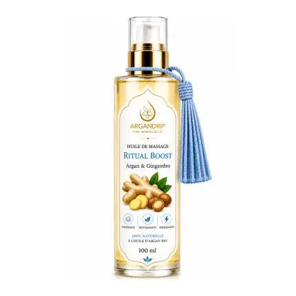 Huile de massage ArganDrip Ritual Boost gingembre flacon verre huile d’argan bio Maroc