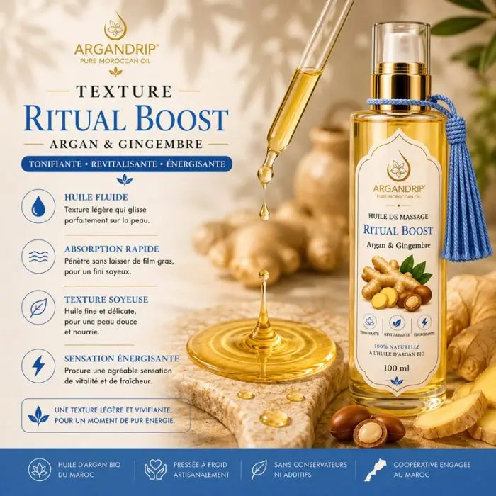 Texture huile de massage ArganDrip Ritual Boost légère soyeuse non grasse