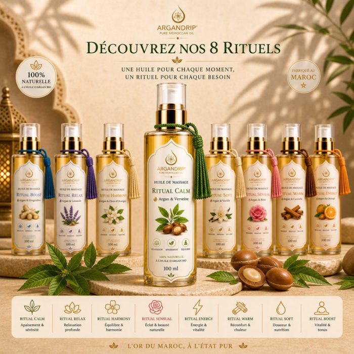 Gamme huiles massage ArganDrip rituels bien-être verveine Maroc