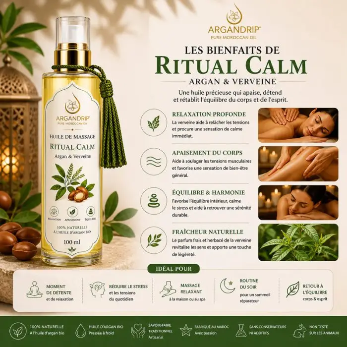 Bienfaits huile de massage ArganDrip Ritual Calm détente apaisement verveine