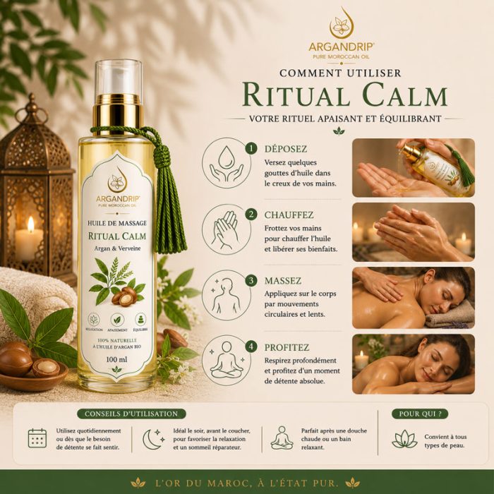 Comment utiliser huile de massage ArganDrip Ritual Calm verveine rituel relaxation