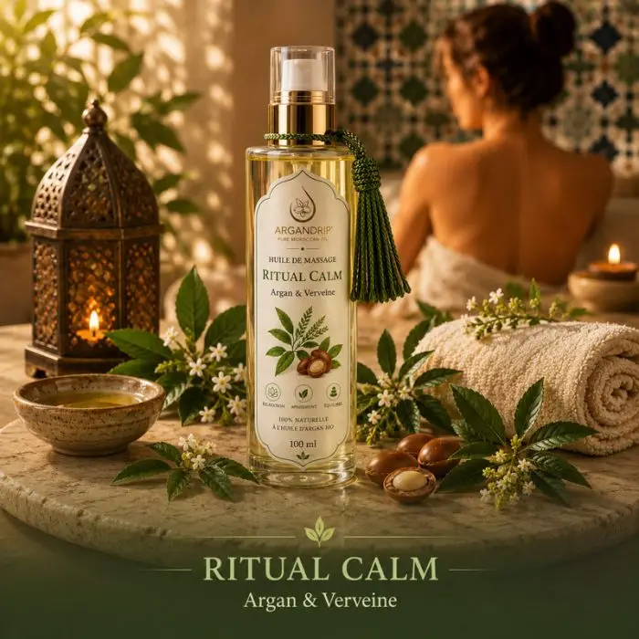 Ambiance spa marocain huile ArganDrip Ritual Calm verveine détente bien-être