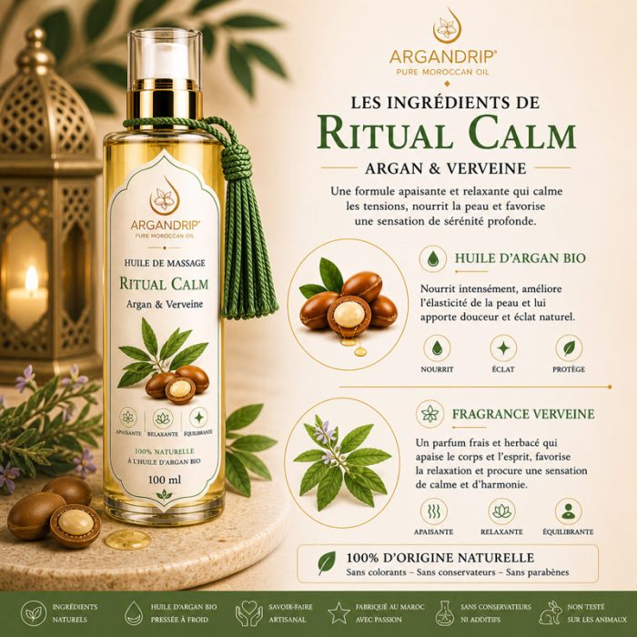 Huile argan et verveine ingrédients naturels ArganDrip Ritual Calm