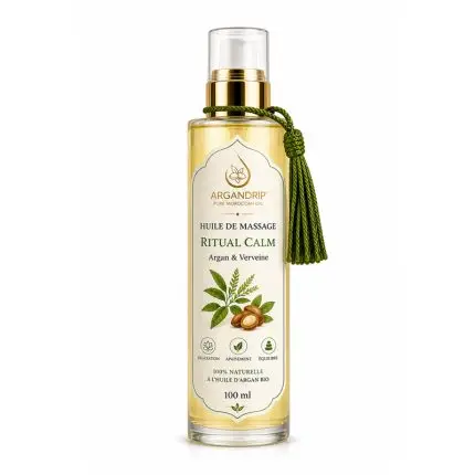 Huile de massage ArganDrip Ritual Calm verveine flacon verre huile d’argan bio Maroc