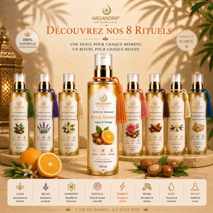 Gamme huiles massage ArganDrip rituels bien-être orange Maroc