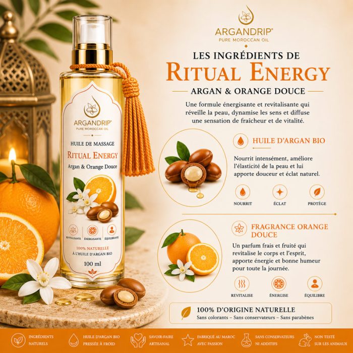 Huile argan et orange ingrédients naturels ArganDrip Ritual Energy
