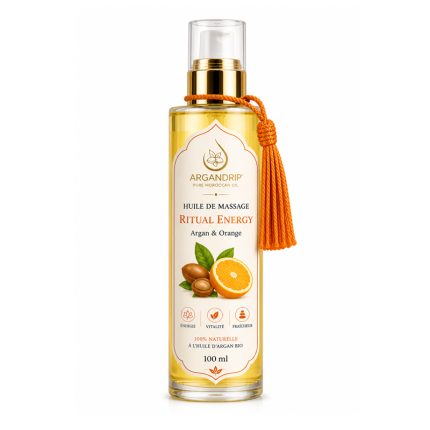Huile de massage ArganDrip Ritual Energy orange flacon verre huile d’argan bio Maroc