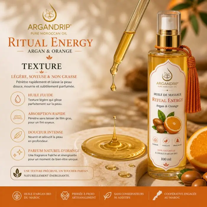 Texture huile de massage ArganDrip Ritual Energy légère soyeuse non grasse