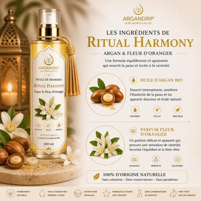 Huile argan et fleur d’oranger ingrédients naturels ArganDrip Ritual Harmony
