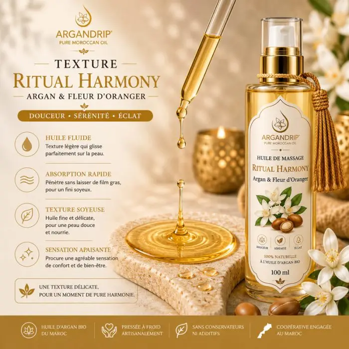 Texture huile de massage ArganDrip Ritual Harmony légère soyeuse non grasse