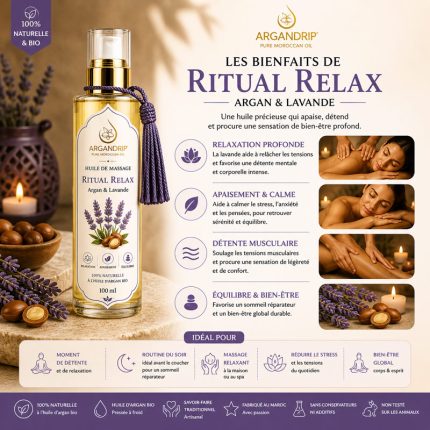 Bienfaits huile de massage ArganDrip Ritual Relax détente relaxation lavande