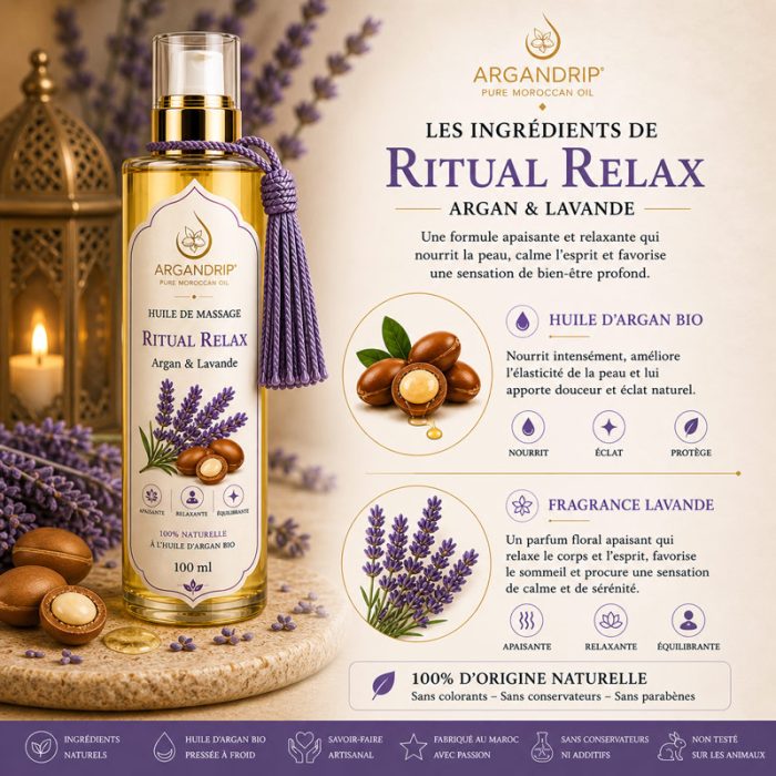 Huile argan et lavande ingrédients naturels ArganDrip Ritual Relax