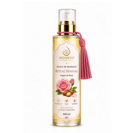 Huile de massage ArganDrip Ritual Sensual rose flacon verre huile d’argan bio Maroc