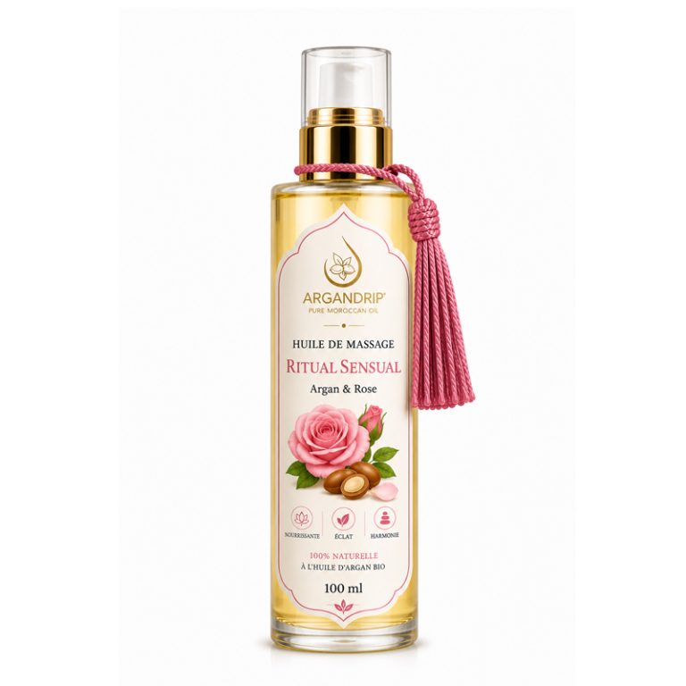 Huile de massage ArganDrip Ritual Sensual rose flacon verre huile d’argan bio Maroc