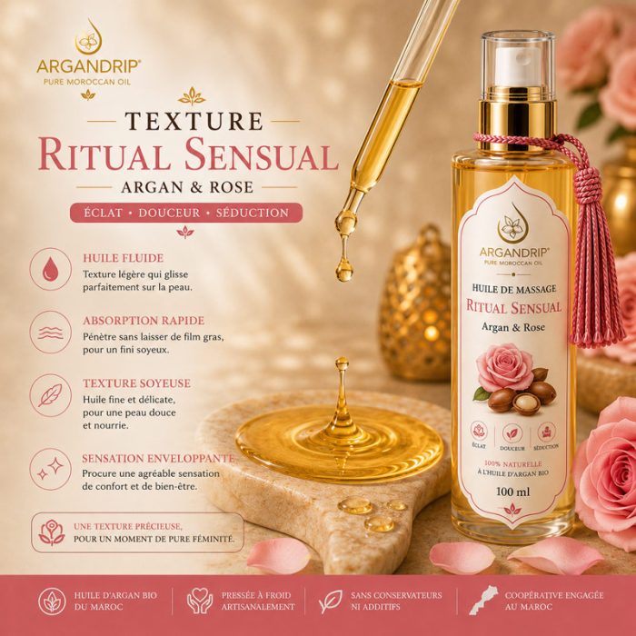 Texture huile de massage ArganDrip Ritual Sensual légère soyeuse non grasse