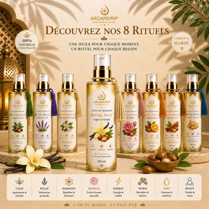Gamme huiles massage ArganDrip rituels bien-être vanille Maroc