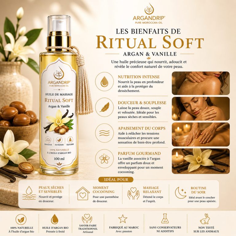 Bienfaits huile de massage ArganDrip Ritual Soft douceur réconfort vanille
