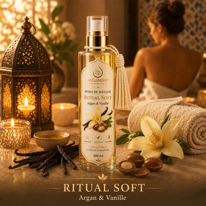 Ambiance spa marocain huile ArganDrip Ritual Soft vanille douceur bien-être