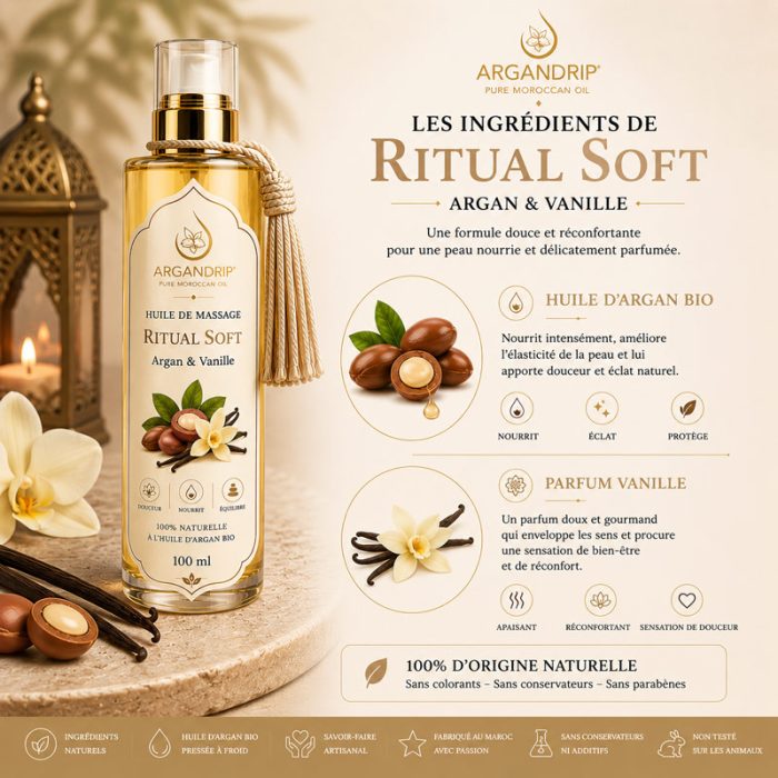 Huile argan et vanille ingrédients naturels ArganDrip Ritual Soft