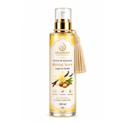 Huile de massage ArganDrip Ritual Soft vanille flacon verre huile d’argan bio Maroc