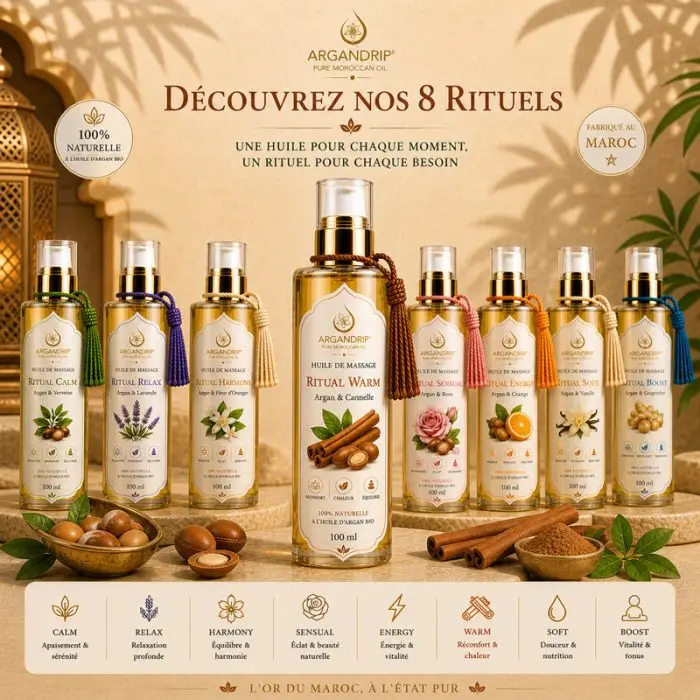 Gamme huiles massage ArganDrip rituels bien-être cannelle Maroc