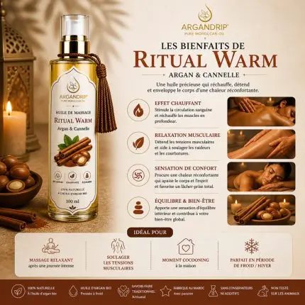 Bienfaits huile de massage ArganDrip Ritual Warm chaleur confort cannelle