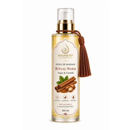 Huile de massage ArganDrip Ritual Warm cannelle flacon verre huile d’argan bio Maroc