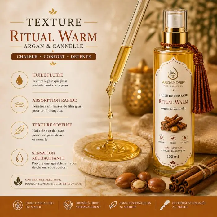 Texture huile de massage ArganDrip Ritual Warm légère soyeuse non grasse