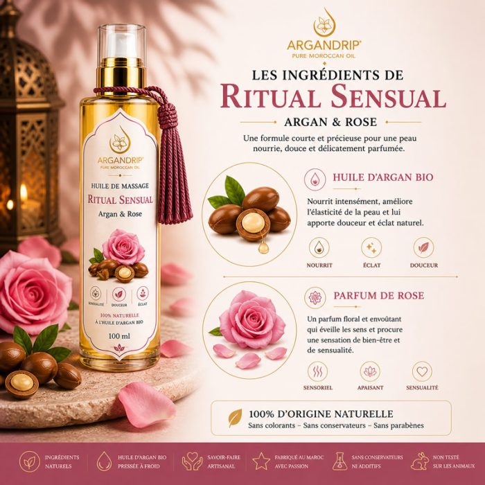 Huile argan et rose ingrédients naturels ArganDrip Ritual Sensual
