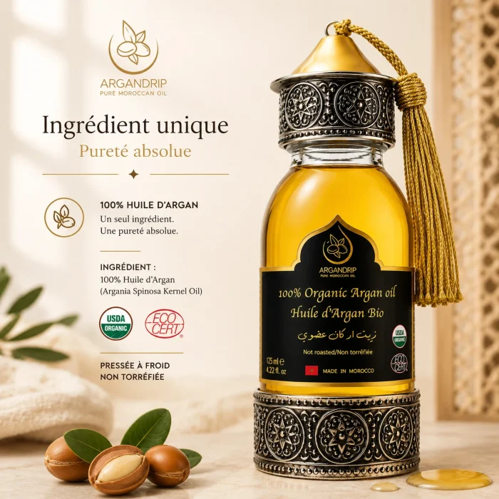 Huile d’Argan Pure Artisanale Source Héritage — amandes d’argan et ingrédients naturels