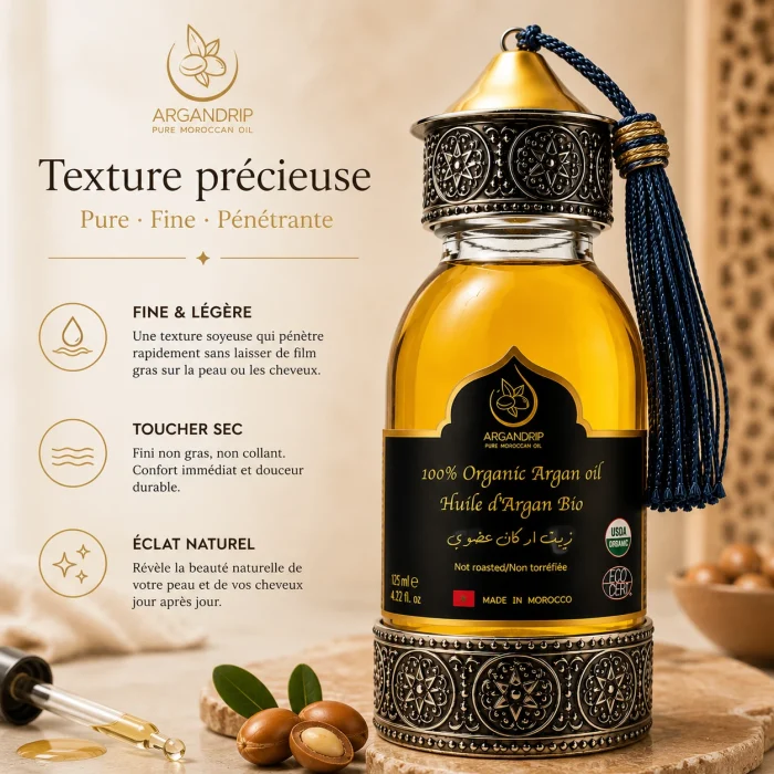 Huile d’Argan Pure Artisanale Source Héritage — texture dorée légère et soyeuse