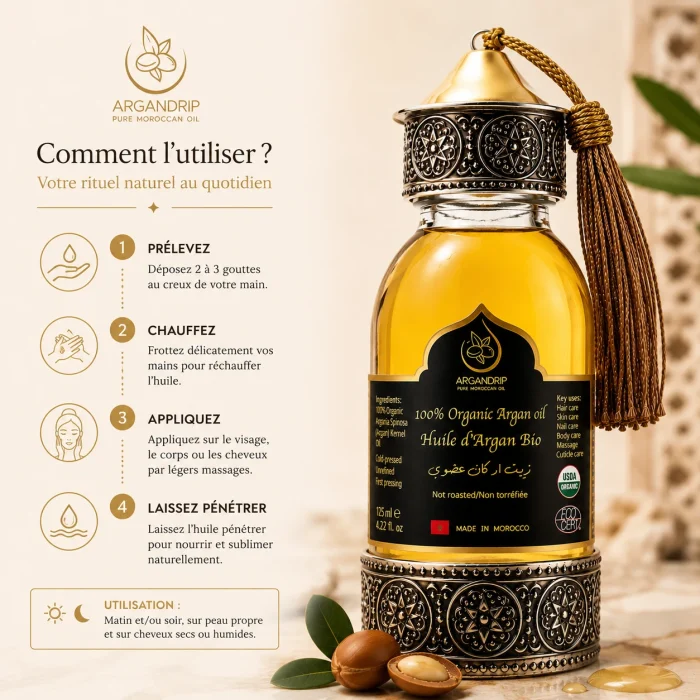 Huile d’Argan Pure Artisanale Source Héritage — rituel d’application beauté naturelle