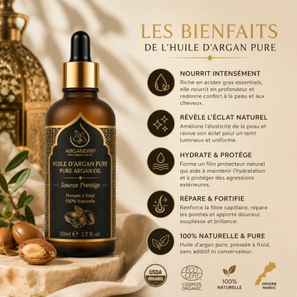 Huile d’Argan Pure Pipette Source Prestige — soin nourrissant visage cheveux corps