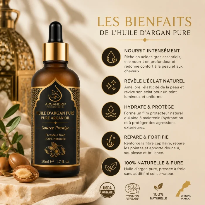Huile d’Argan Pure Pipette Source Prestige — soin nourrissant visage cheveux corps