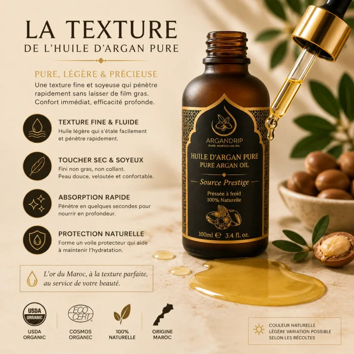 Huile d’Argan Pure Pipette Source Prestige — texture fine dorée non grasse