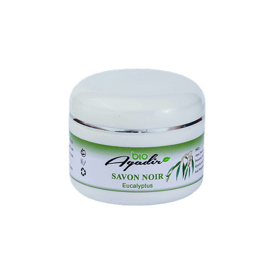 Savon Noir à base d’huile d’olive, enrichi en huile d’argan et huile essentielle de l’eucalyptus