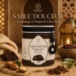 Gommage Sable Douceur ArganDrip — ambiance spa marocain chaude et premium au chocolat