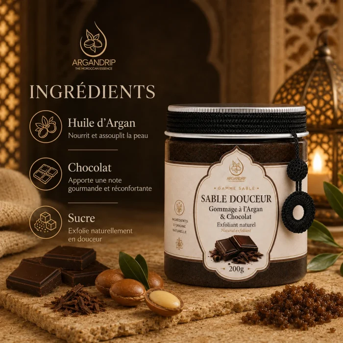 Gommage Sable Douceur ArganDrip — huile d’argan, chocolat et sucre naturel