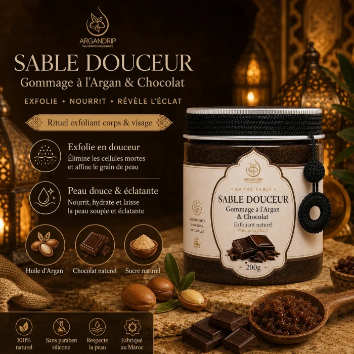 Texture du gommage Sable Douceur ArganDrip — exfoliant gourmand au chocolat pour corps et visage