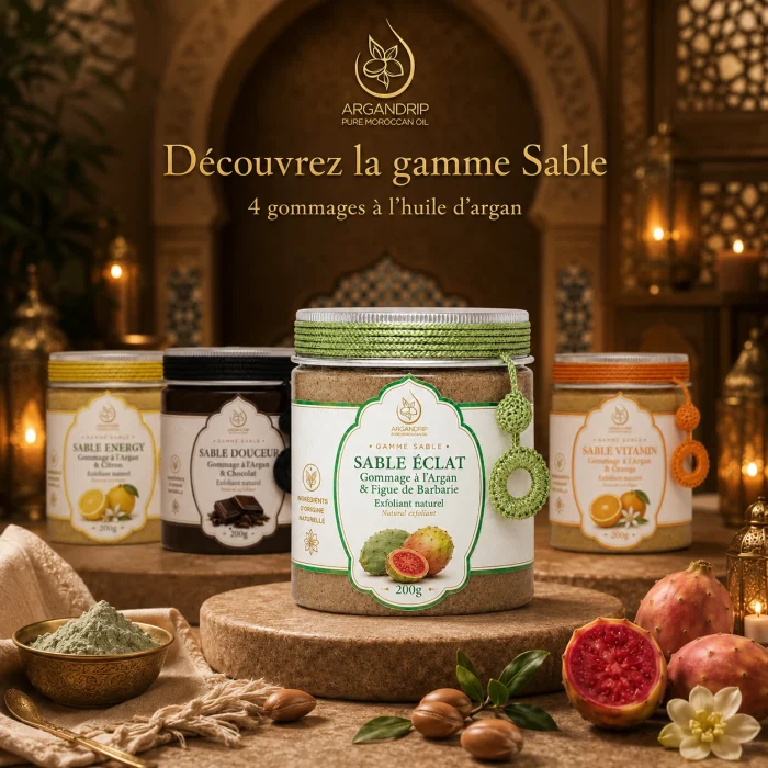 Gommage Sable Éclat ArganDrip — gamme Sable avec figue de barbarie, citron, orange et chocolat