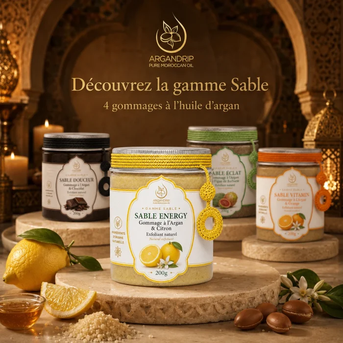 Gommage Sable Energy ArganDrip — gamme Sable avec citron, orange, chocolat et figue de barbarie
