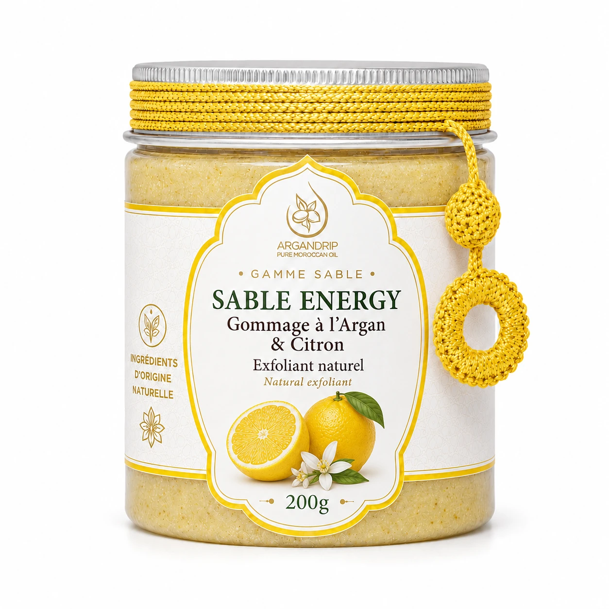 argandrip-gommage-sable-energy-citron-produit Gommage à l’Argan et Citron Sable Energy ArganDrip — exfoliant naturel corps et visage 200g