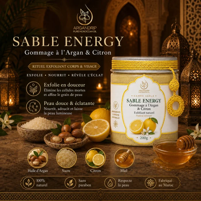 Texture du gommage Sable Energy ArganDrip — exfoliant naturel au citron et au miel
