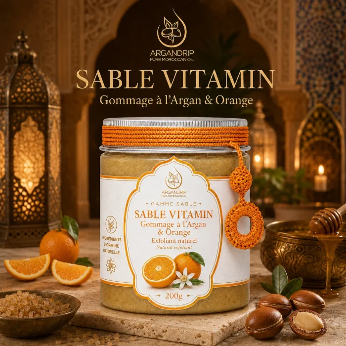 Gommage Sable Vitamin ArganDrip — ambiance spa marocain chaude avec orange, miel et argan